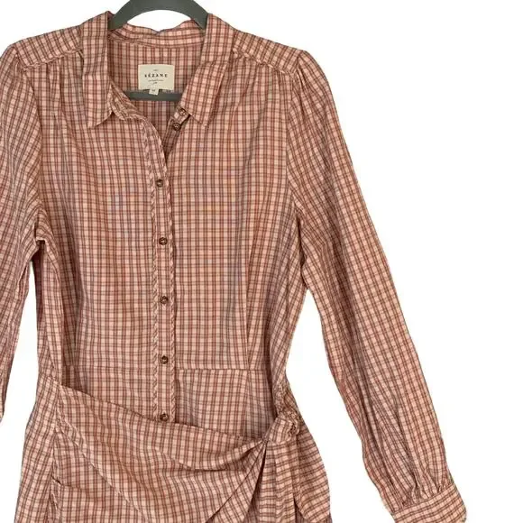 Sezane Jamy Linen Check Shirt Dress Faux Wrap Women 42 Pink Plaid Long Sleeve - Picture 8 of 16
